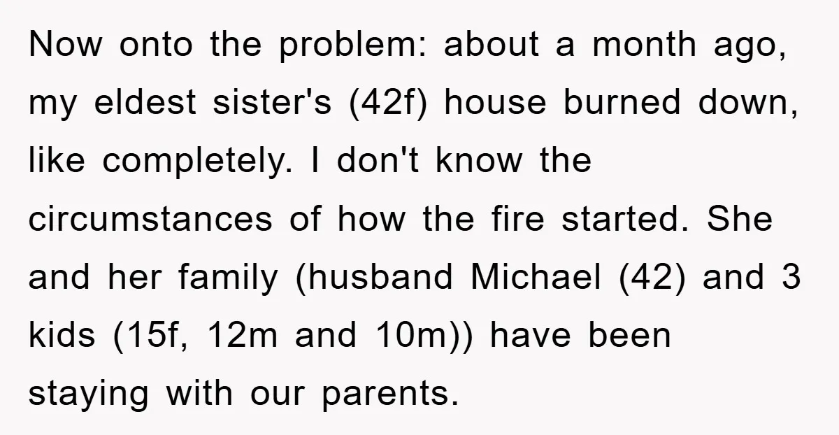 Now onto the problem: about a month ago, my eldest sister's (42f) house burned down, like completely. I don't know the circumstances of how the fire started. She and her...