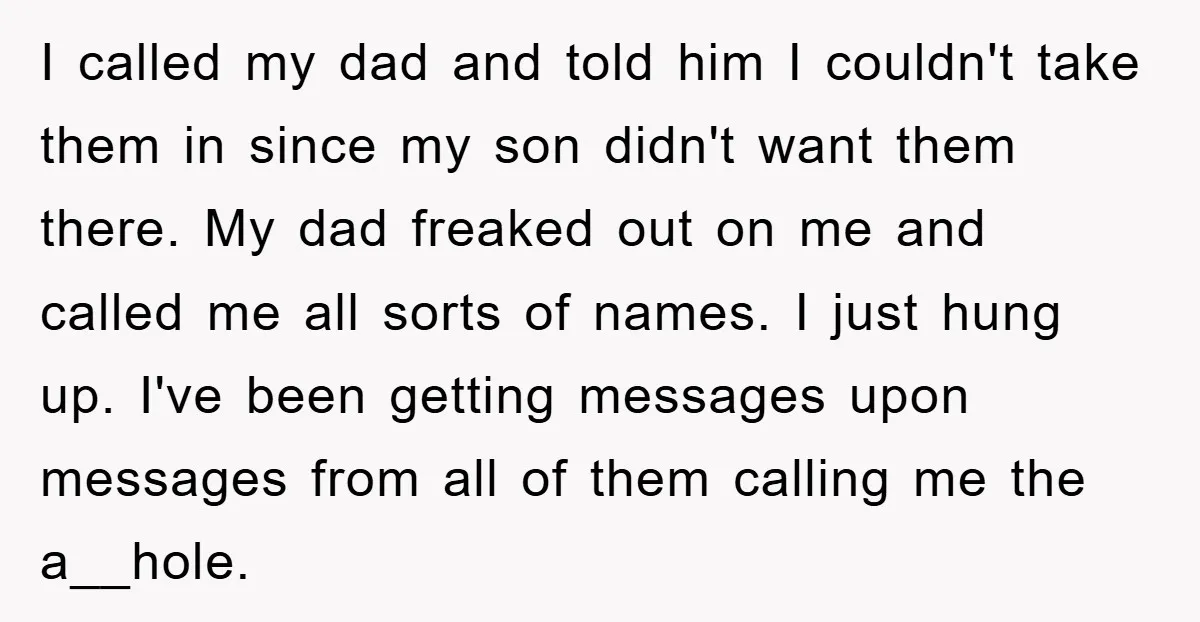 I called my dad and told him I couldn't take them in since my son didn't want them there. My dad freaked out on me and called me all sorts...