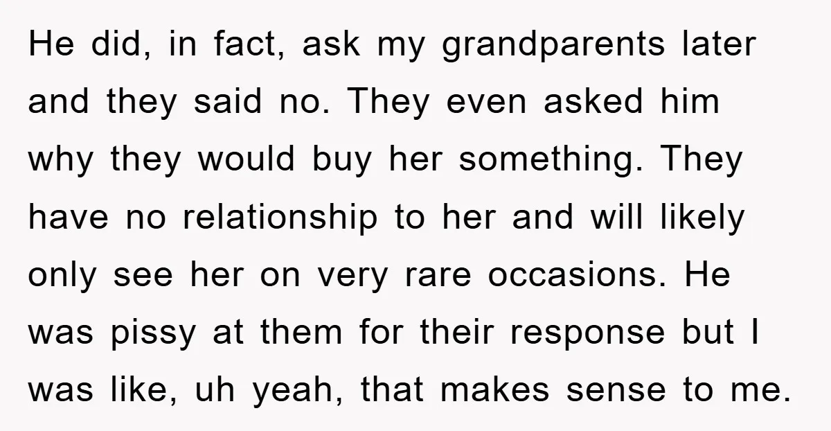 He did, in fact, ask my grandparents later and they said no. They even asked him why they would buy her something. They have no relationship to her and will...