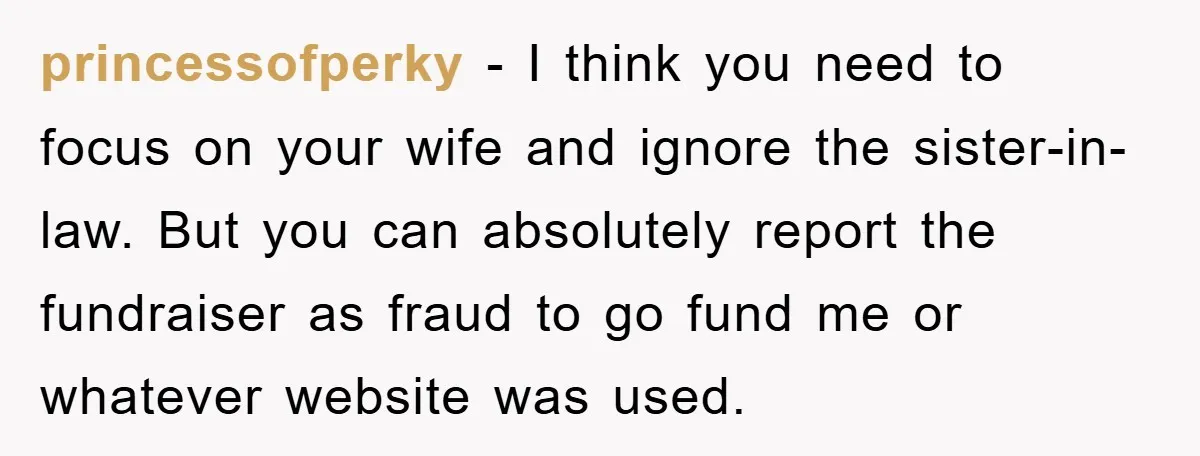 princessofperky − I think you need to focus on your wife and ignore the sister-in-law. But you can absolutely report the fundraiser as fraud to go fund me or whatever...