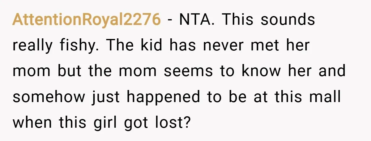 AttentionRoyal2276 − NTA. This sounds really fishy. The kid has never met her mom but the mom seems to know her and somehow just happened to be at this mall...