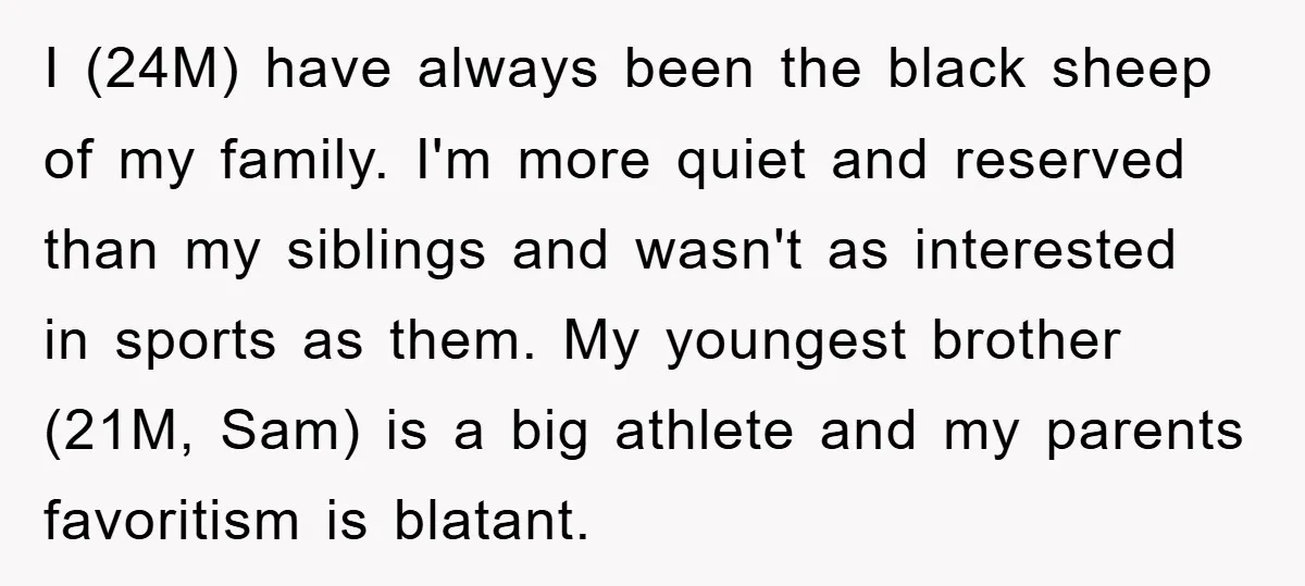 I (24M) have always been the black sheep of my family. I'm more quiet and reserved than my siblings and wasn't as interested in sports as them. My youngest brother...