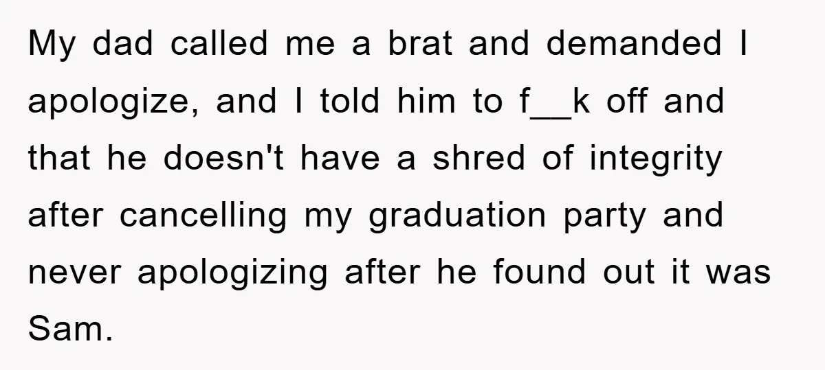My dad called me a brat and demanded I apologize, and I told him to f__k off and that he doesn't have a shred of integrity after cancelling my graduation...