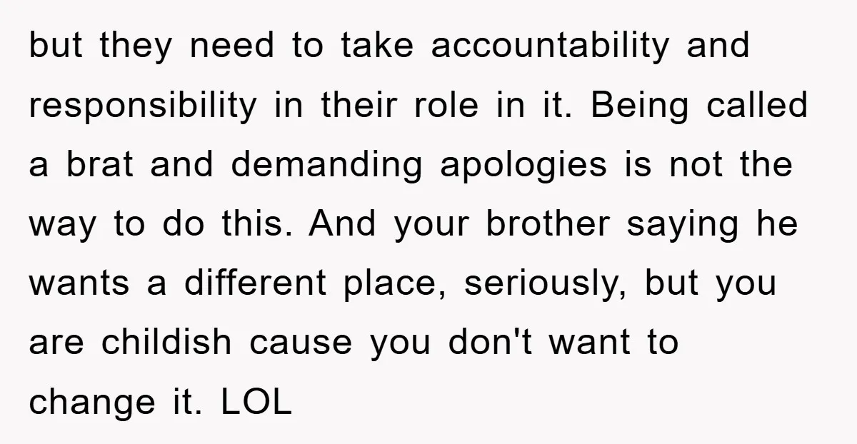 but they need to take accountability and responsibility in their role in it. Being called a brat and demanding apologies is not the way to do this. And your brother...