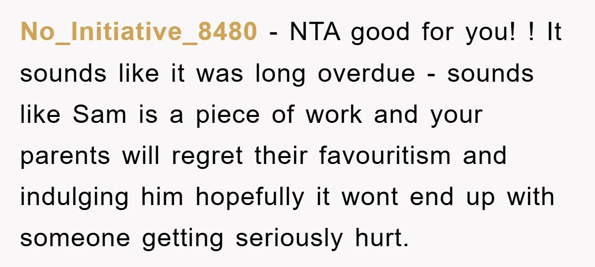 No_Initiative_8480 − NTA good for you! ! It sounds like it was long overdue - sounds like Sam is a piece of work and your parents will regret their favouritism...