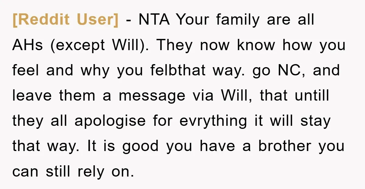 [Reddit User] − NTA Your family are all AHs (except Will). They now know how you feel and why you felbthat way. go NC, and leave them a message via...