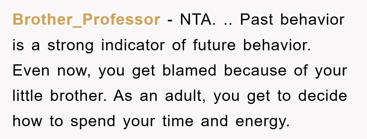 Brother_Professor − NTA. .. Past behavior is a strong indicator of future behavior. Even now, you get blamed because of your little brother. As an adult, you get to decide...