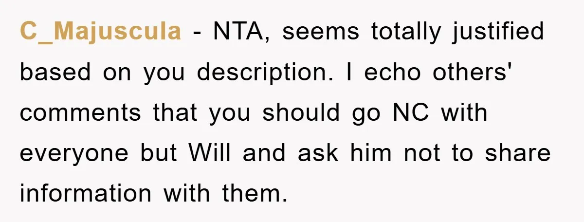 C_Majuscula − NTA, seems totally justified based on you description. I echo others' comments that you should go NC with everyone but Will and ask him not to share information...
