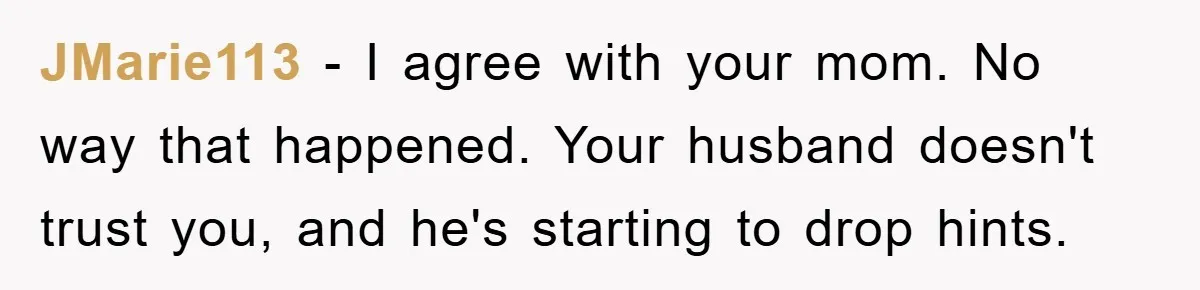 JMarie113 − I agree with your mom. No way that happened. Your husband doesn't trust you, and he's starting to drop hints.