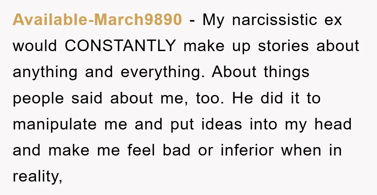 Available-March9890 − My narcissistic ex would CONSTANTLY make up stories about anything and everything. About things people said about me, too. He did it to manipulate me and put ideas...