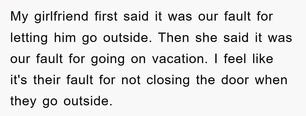 My girlfriend first said it was our fault for letting him go outside. Then she said it was our fault for going on vacation. I feel like it's their fault...