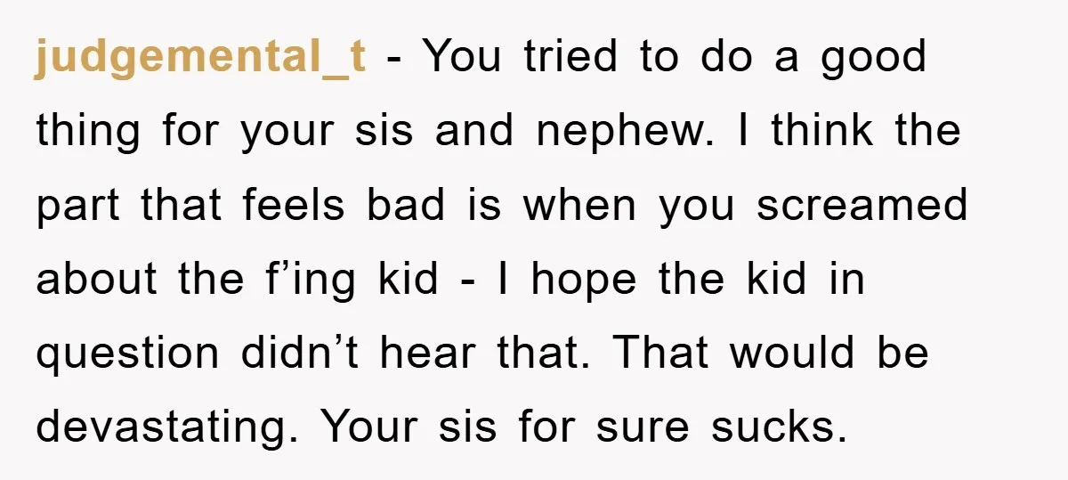 judgemental_t − You tried to do a good thing for your sis and nephew. I think the part that feels bad is when you screamed about the f’ing kid -...