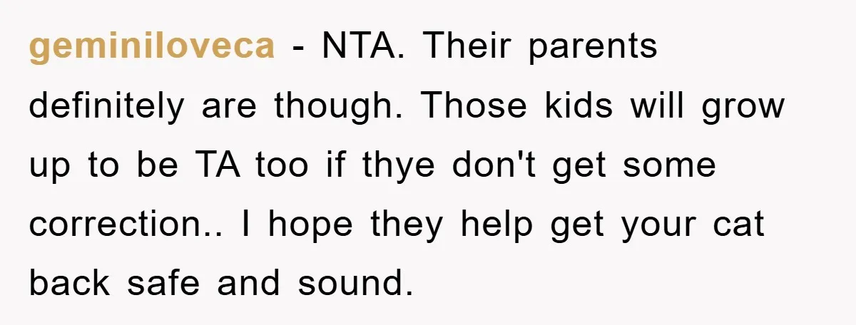geminiloveca − NTA. Their parents definitely are though. Those kids will grow up to be TA too if thye don't get some correction.. I hope they help get your cat...