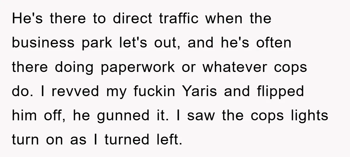 He's there to direct traffic when the business park let's out, and he's often there doing paperwork or whatever cops do. I revved my fuckin Yaris and flipped him off,...