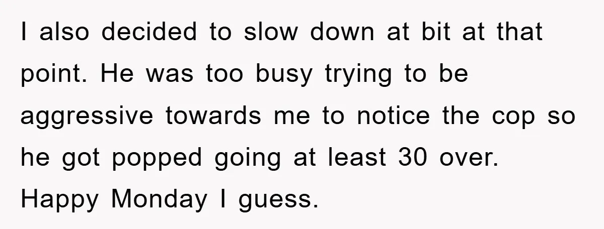 I also decided to slow down at bit at that point. He was too busy trying to be aggressive towards me to notice the cop so he got popped going...