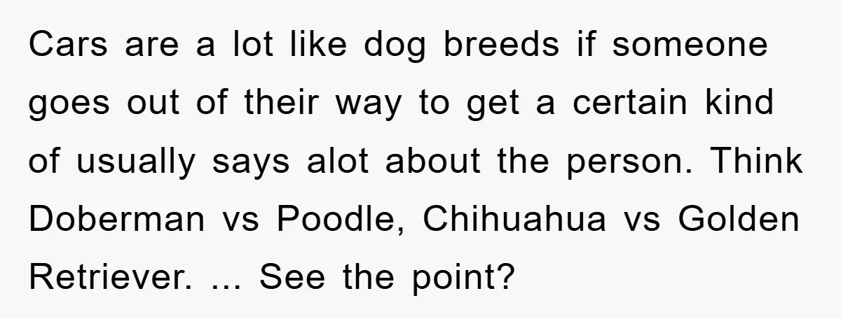 Cars are a lot like dog breeds if someone goes out of their way to get a certain kind of usually says alot about the person. Think Doberman vs Poodle,...