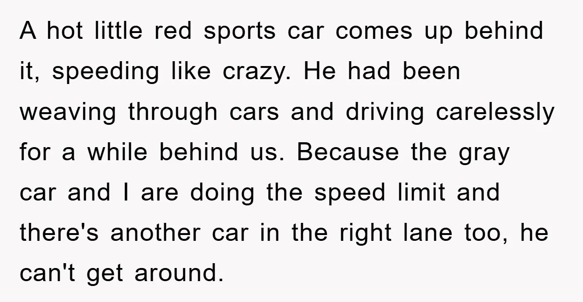 A hot little red sports car comes up behind it, speeding like crazy. He had been weaving through cars and driving carelessly for a while behind us. Because the gray...