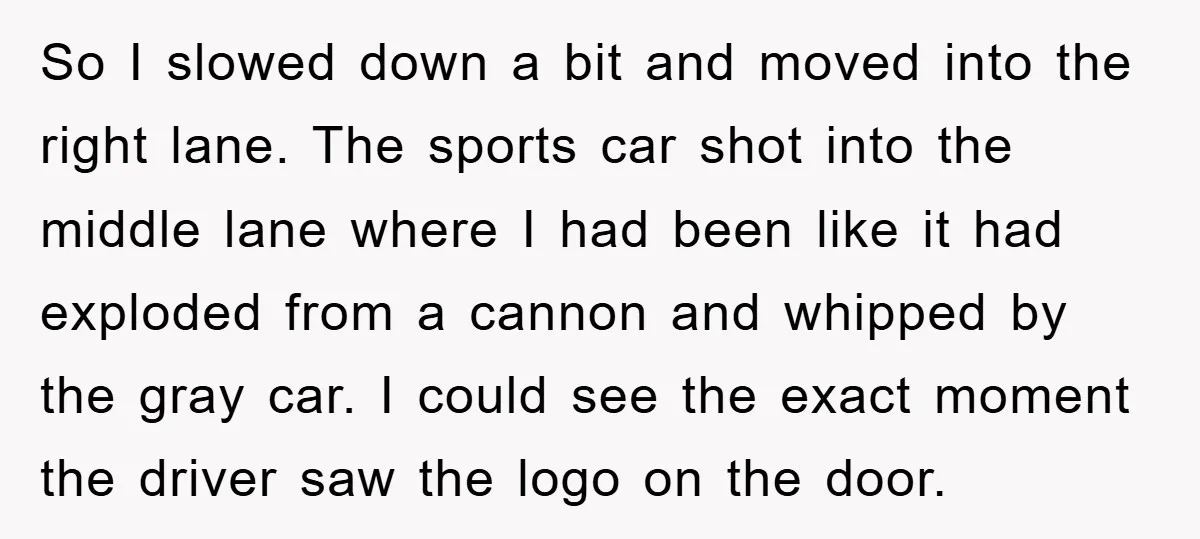 So I slowed down a bit and moved into the right lane. The sports car shot into the middle lane where I had been like it had exploded from a...