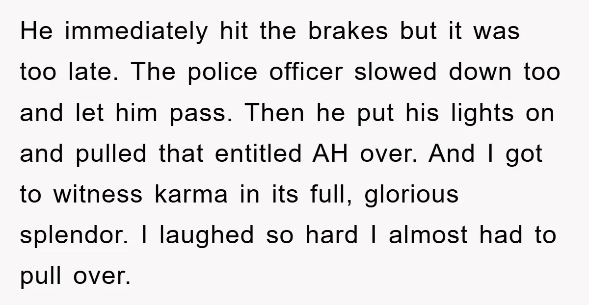 He immediately hit the brakes but it was too late. The police officer slowed down too and let him pass. Then he put his lights on and pulled that entitled...