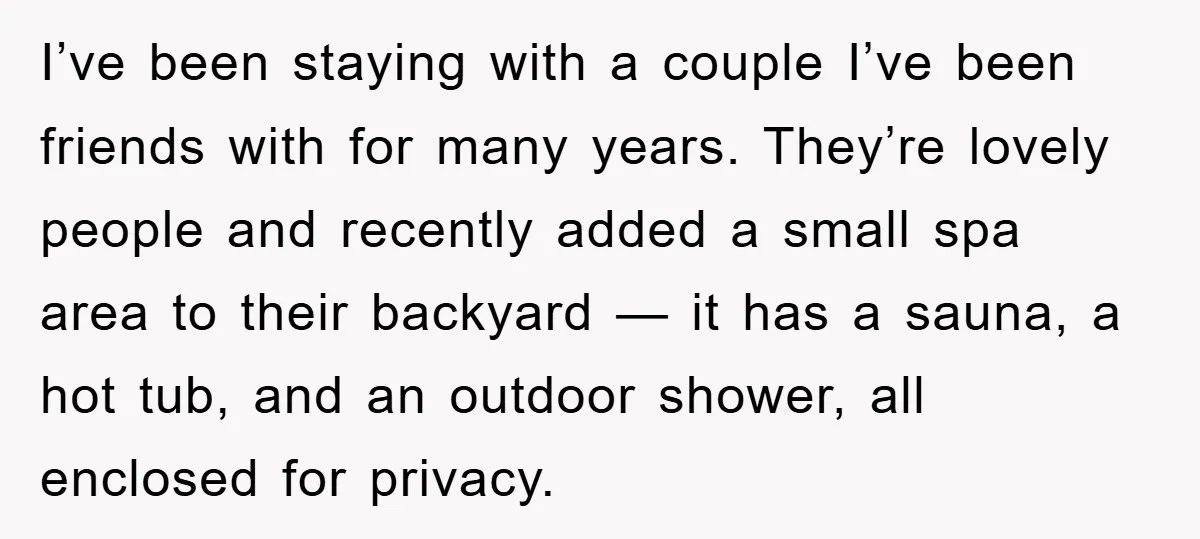 I’ve been staying with a couple I’ve been friends with for many years. They’re lovely people and recently added a small spa area to their backyard — it has a...