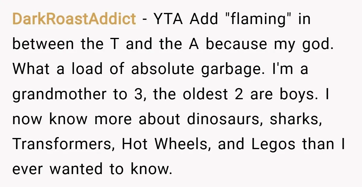 DarkRoastAddict − YTA Add "flaming" in between the T and the A because my god. What a load of absolute garbage. I'm a grandmother to 3, the oldest 2 are...