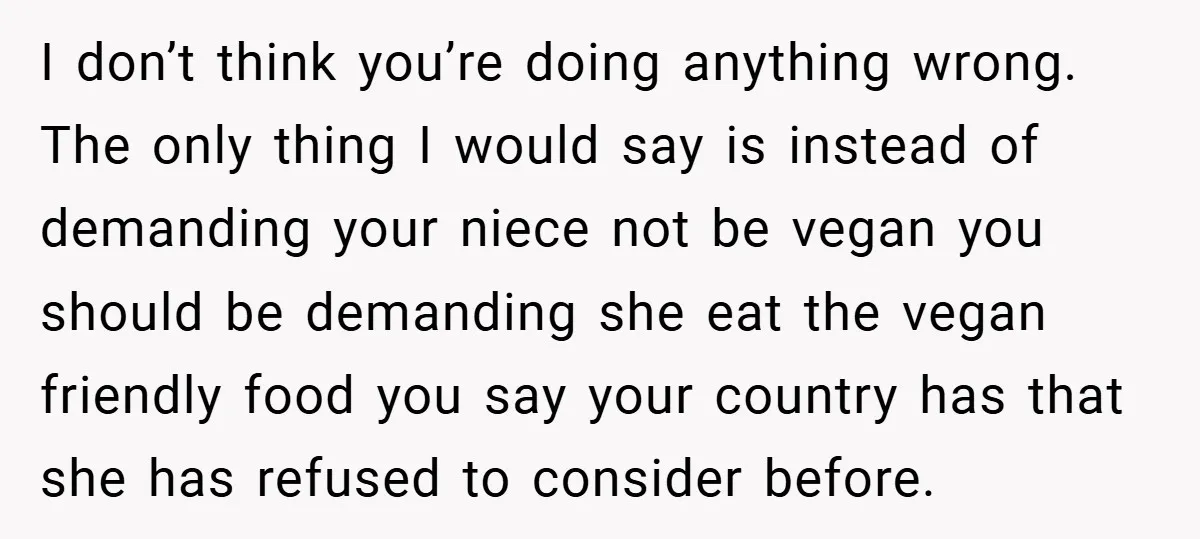 I don’t think you’re doing anything wrong. The only thing I would say is instead of demanding your niece not be vegan you should be demanding she eat the vegan...