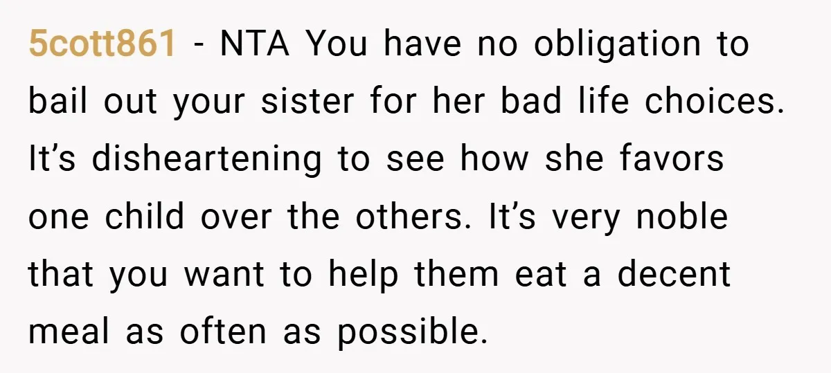 5cott861 − NTA You have no obligation to bail out your sister for her bad life choices. It’s disheartening to see how she favors one child over the others. It’s...