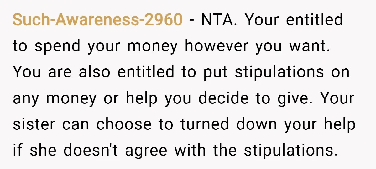 Such-Awareness-2960 − NTA. Your entitled to spend your money however you want. You are also entitled to put stipulations on any money or help you decide to give. Your sister...