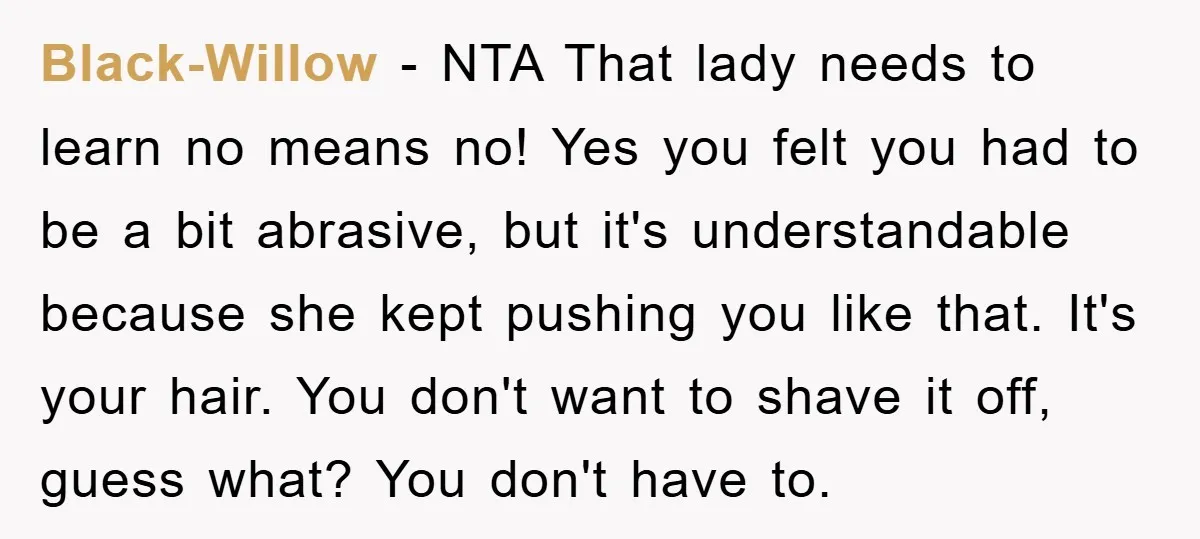 Black-Willow − NTA That lady needs to learn no means no! Yes you felt you had to be a bit abrasive, but it's understandable because she kept pushing you like...