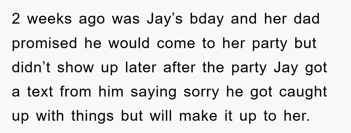 2 weeks ago was Jay’s bday and her dad promised he would come to her party but didn’t show up later after the party Jay got a text from him...