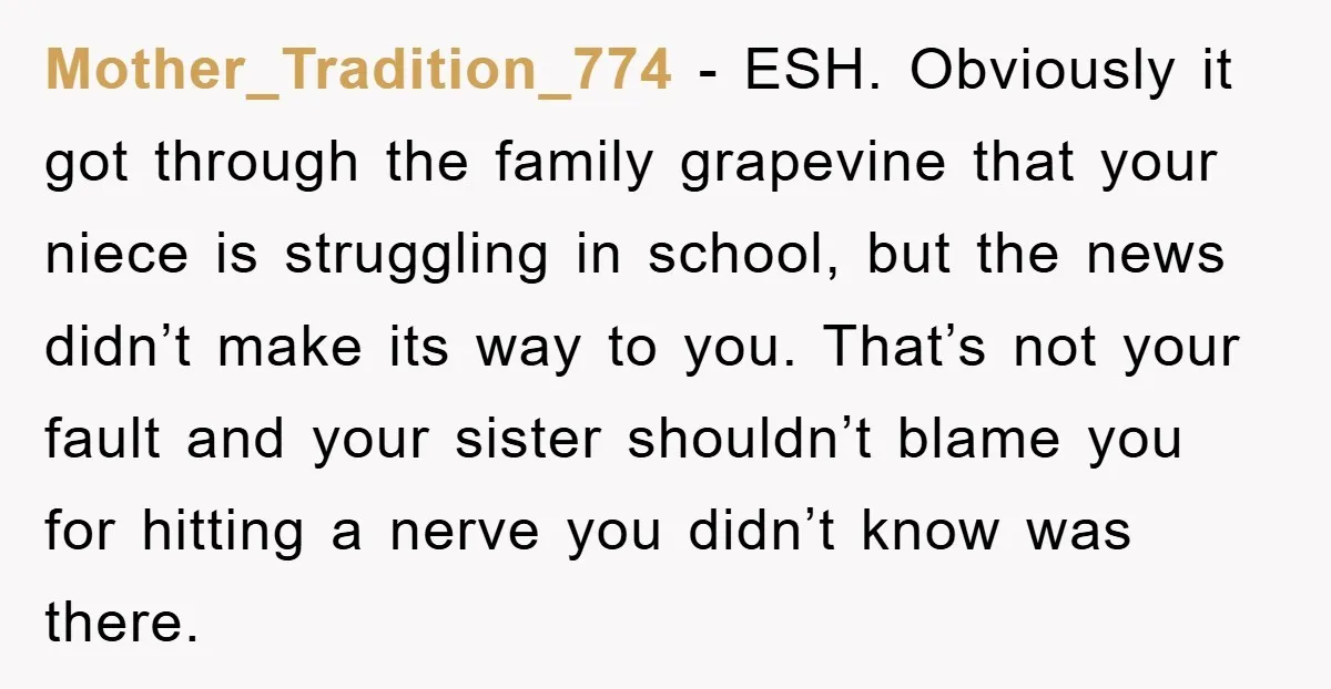 Mother_Tradition_774 - ESH. Obviously it got through the family grapevine that your niece is struggling in school, but the news didn’t make its way to you. That’s not your fault...