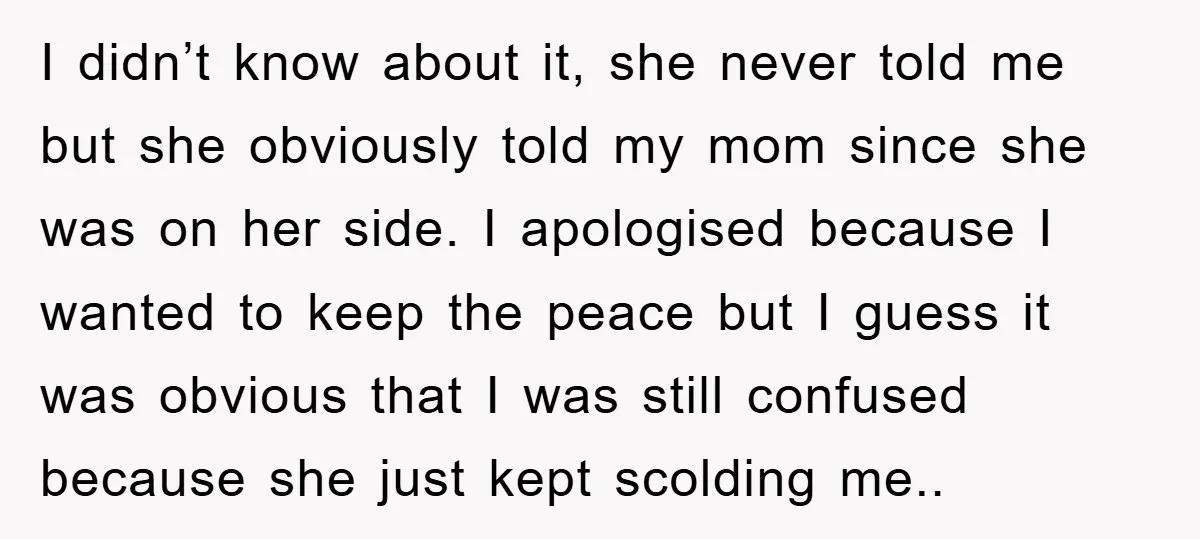 I didn’t know about it, she never told me but she obviously told my mom since she was on her side. I apologised because I wanted to keep the peace...