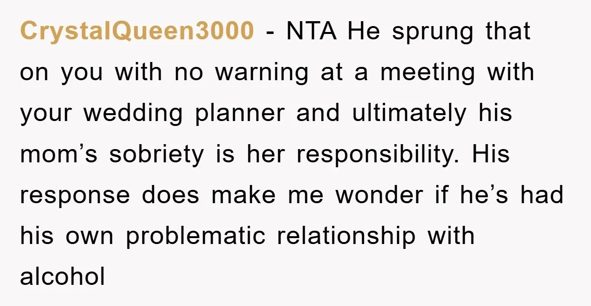 CrystalQueen3000 − NTA He sprung that on you with no warning at a meeting with your wedding planner and ultimately his mom’s sobriety is her responsibility. His response does make...