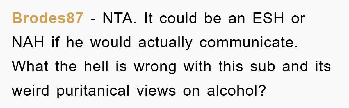 Brodes87 − NTA. It could be an ESH or NAH if he would actually communicate. What the hell is wrong with this sub and its weird puritanical views on alcohol?