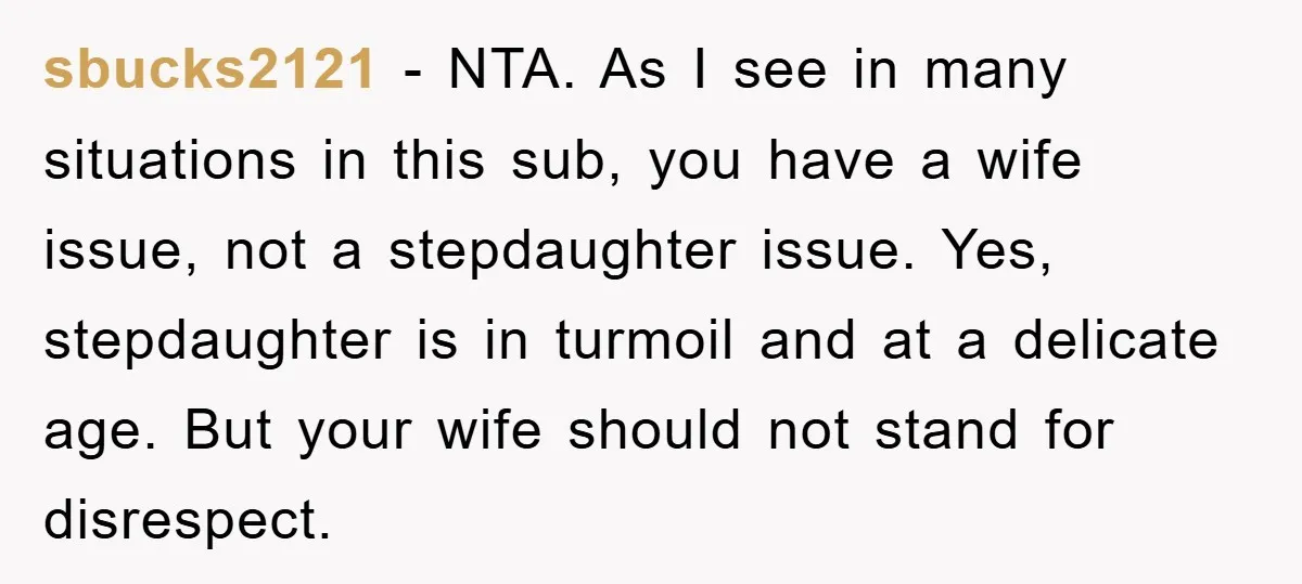 sbucks2121 − NTA. As I see in many situations in this sub, you have a wife issue, not a stepdaughter issue. Yes, stepdaughter is in turmoil and at a delicate...