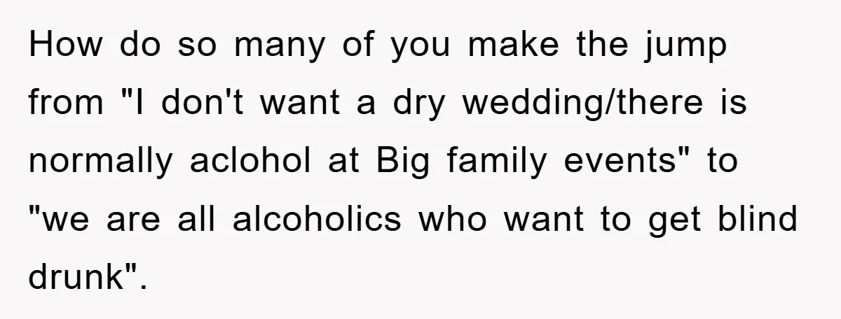 How do so many of you make the jump from "I don't want a dry wedding/there is normally aclohol at Big family events" to "we are all alcoholics who want...