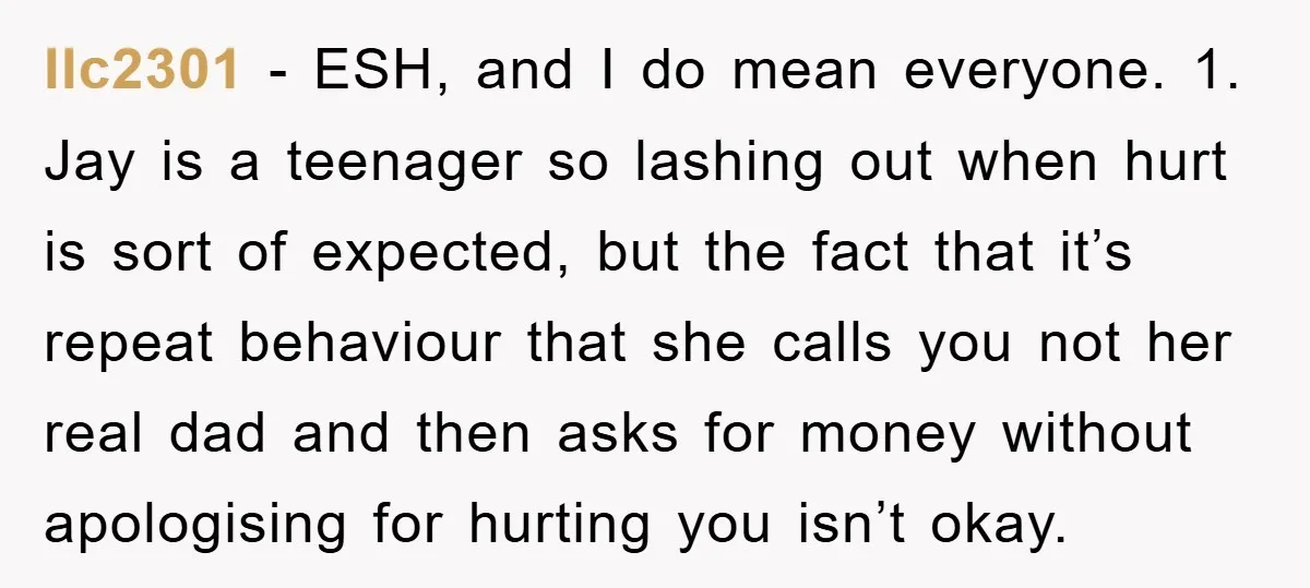 llc2301 − ESH, and I do mean everyone. 1. Jay is a teenager so lashing out when hurt is sort of expected, but the fact that it’s repeat behaviour that...