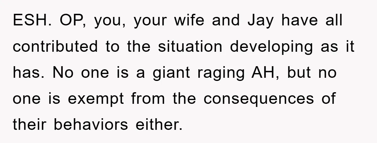 ESH. OP, you, your wife and Jay have all contributed to the situation developing as it has. No one is a giant raging AH, but no one is exempt from...