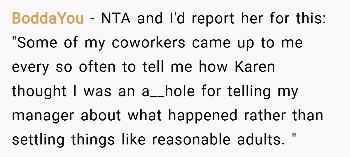 BoddaYou − NTA and I'd report her for this: "Some of my coworkers came up to me every so often to tell me how Karen thought I was an a__hole...