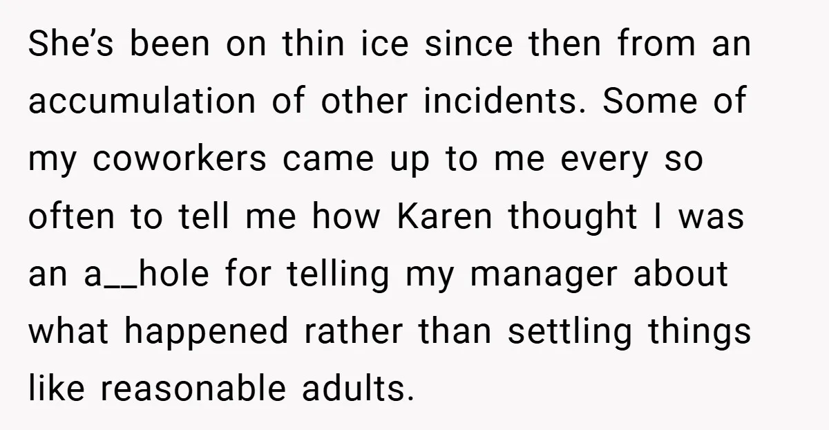 She’s been on thin ice since then from an accumulation of other incidents. Some of my coworkers came up to me every so often to tell me how Karen thought...