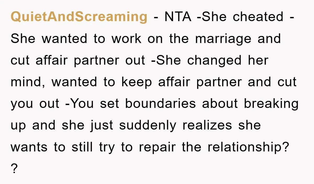 QuietAndScreaming − NTA -She cheated -She wanted to work on the marriage and cut affair partner out -She changed her mind, wanted to keep affair partner and cut you out...
