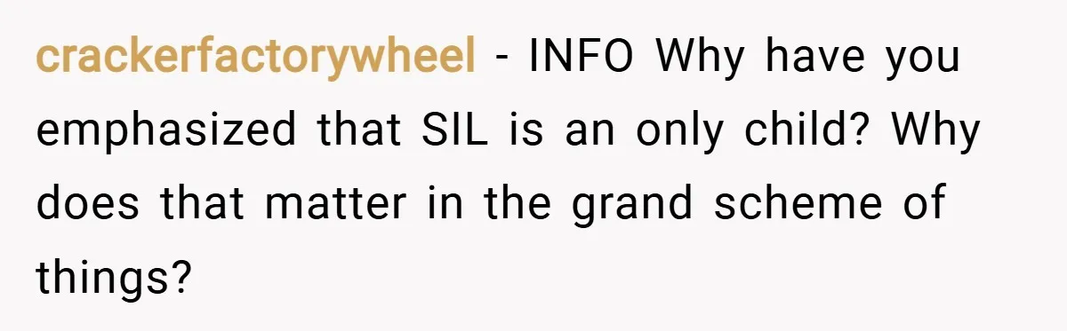 crackerfactorywheel − INFO Why have you emphasized that SIL is an only child? Why does that matter in the grand scheme of things?