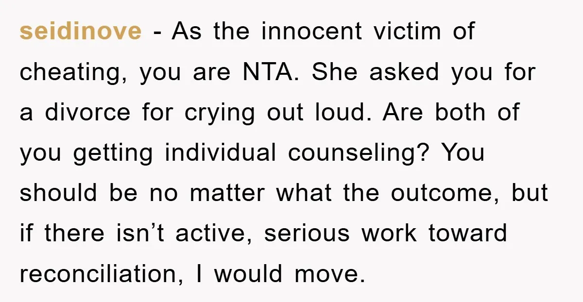 seidinove − As the innocent victim of cheating, you are NTA. She asked you for a divorce for crying out loud. Are both of you getting individual counseling? You should...