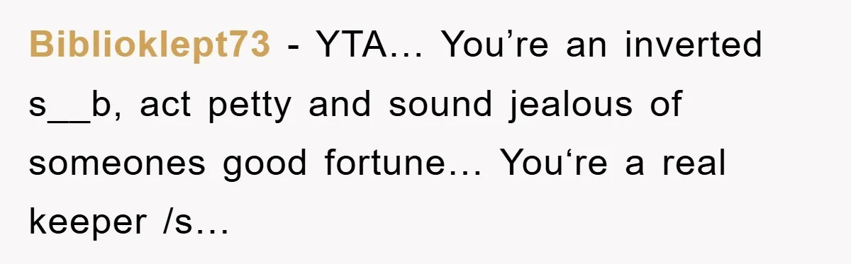 Biblioklept73 − YTA… You’re an inverted s__b, act petty and sound jealous of someones good fortune… You‘re a real keeper /s…