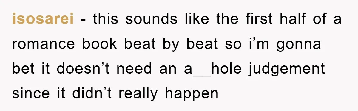 isosarei − this sounds like the first half of a romance book beat by beat so i’m gonna bet it doesn’t need an a__hole judgement since it didn’t really happen