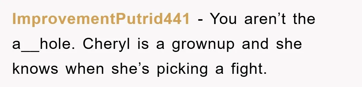 ImprovementPutrid441 - You aren’t the a__hole. Cheryl is a grownup and she knows when she’s picking a fight.