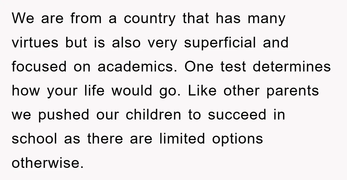 We are from a country that has many virtues but is also very superficial and focused on academics. One test determines how your life would go. Like other parents we...