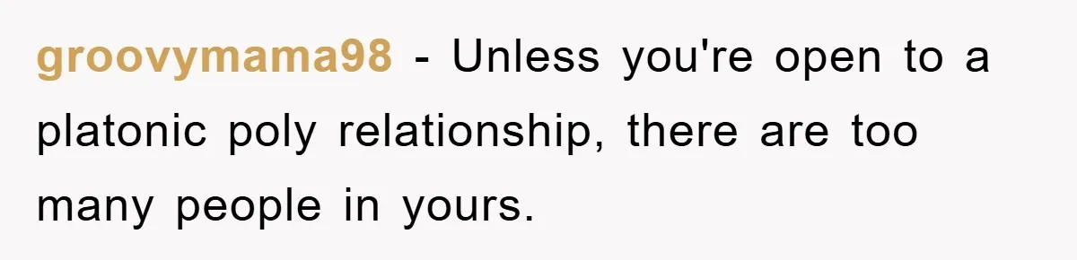 groovymama98 − Unless you're open to a platonic poly relationship, there are too many people in yours.