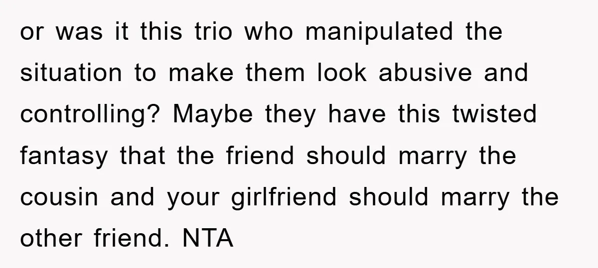 or was it this trio who manipulated the situation to make them look abusive and controlling? Maybe they have this twisted fantasy that the friend should marry the cousin and...