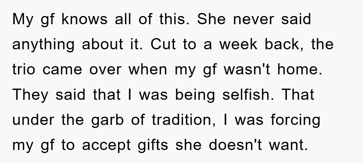 My gf knows all of this. She never said anything about it. Cut to a week back, the trio came over when my gf wasn't home. They said that I...